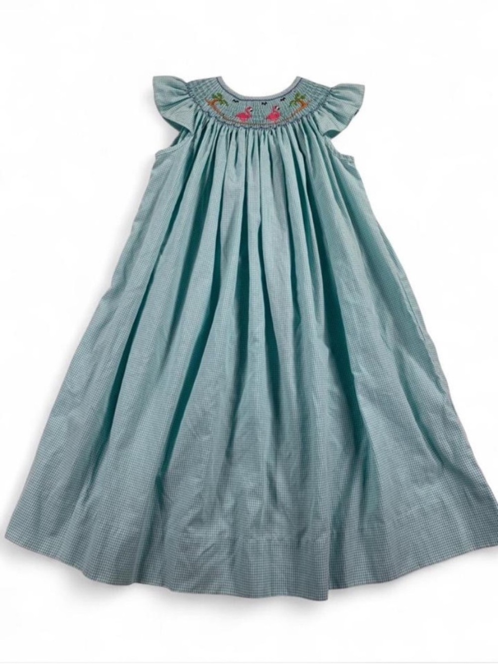 Max & Lulu Teal Smocked Girls Maxi Dress with Flamingos & Palm Tree Embroidery 8